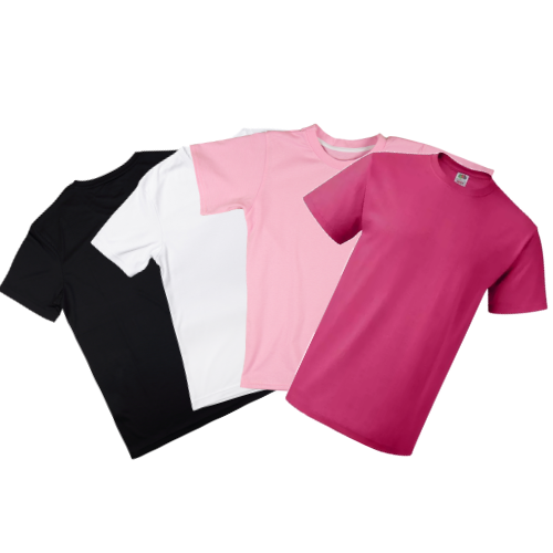 Tiny Tots class t-shirt options — black, white, and pink